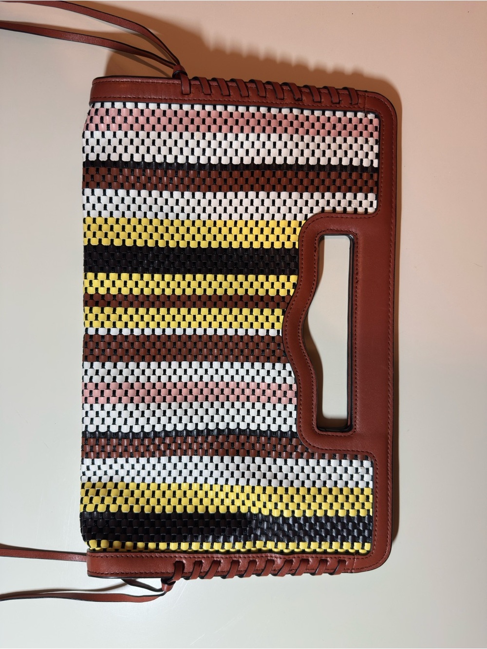 Woven Multicolor Leather-Trim Handheld Bag